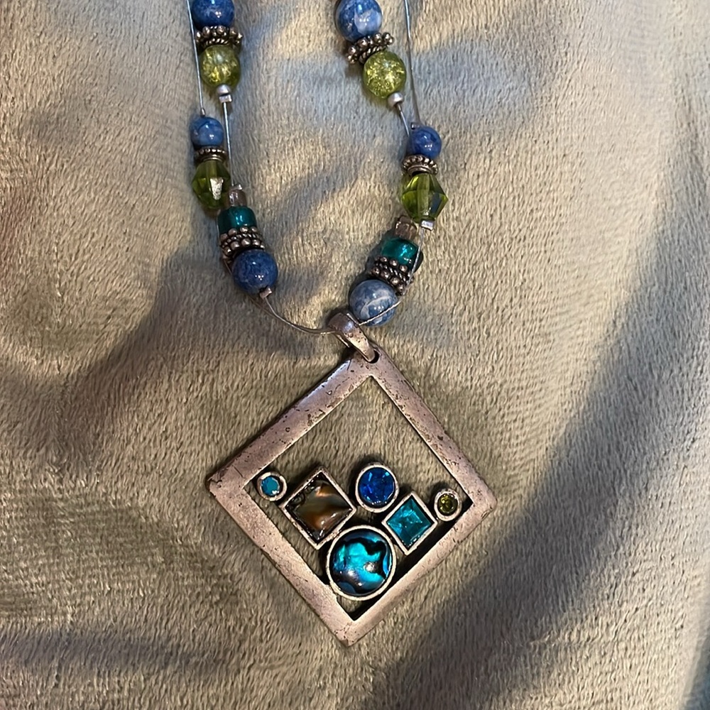 Chico’s Beaded with Large Pendant with Blue and Green Tone Stones Necklace